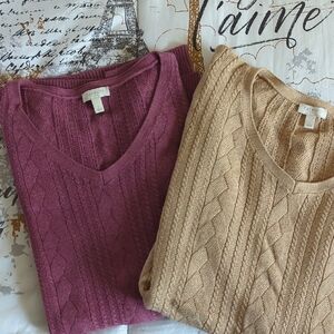 Talbot's Women's V-Neck Cable Knit Sweater Set - Purple and Tan.